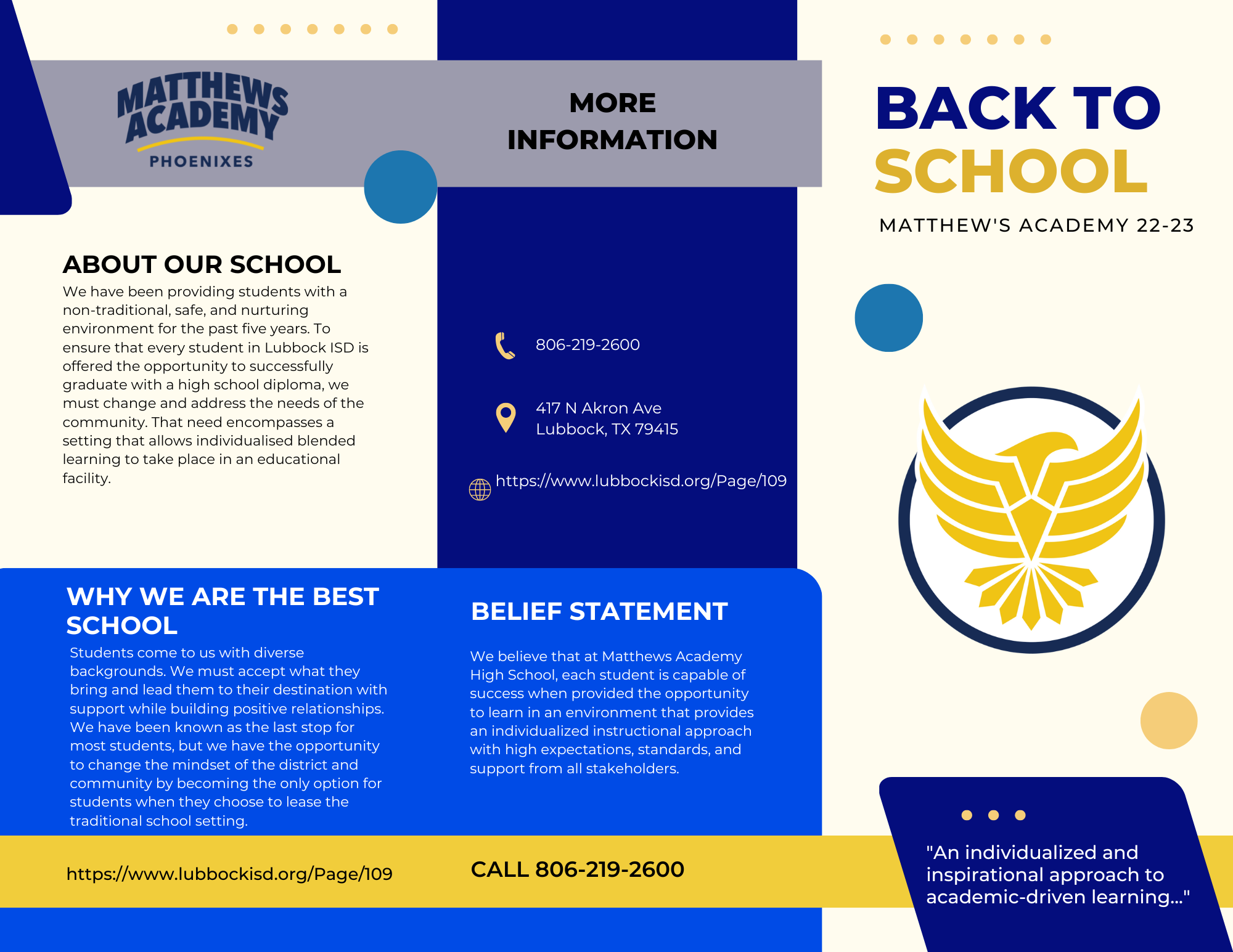 blue and yellow brochure format with text boxes
