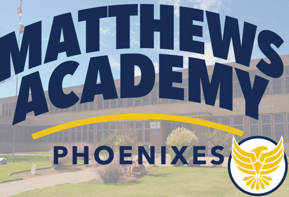 faded image of a school covered in a blue and gold logo that says matthews academy phoenixes with a gold phoenix in the bottom right corner